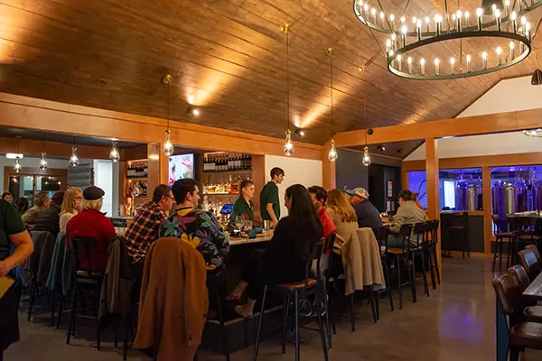 Bar with view of brewery